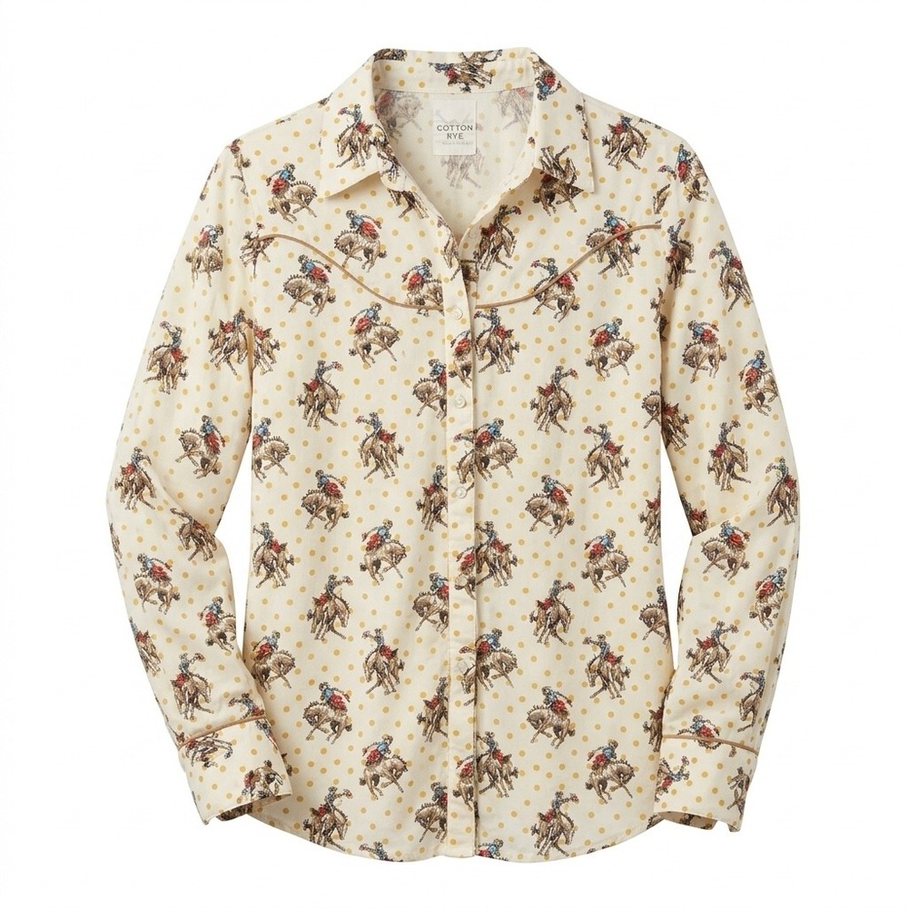 Cotton Rye Western Shirt Women M White Rodeo Bronco Polka Dot Cowgirl Button Up